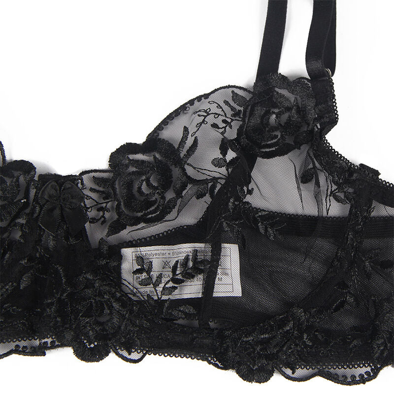 SUBBLIME - SET OF 3 PIECES BRA + THONG + GARTER FLORAL PRINT BLACK L/XL - Amore24