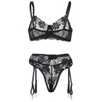 SUBBLIME - SET OF 3 PIECES BRA + THONG + GARTER FLORAL PRINT BLACK L/XL - Amore24