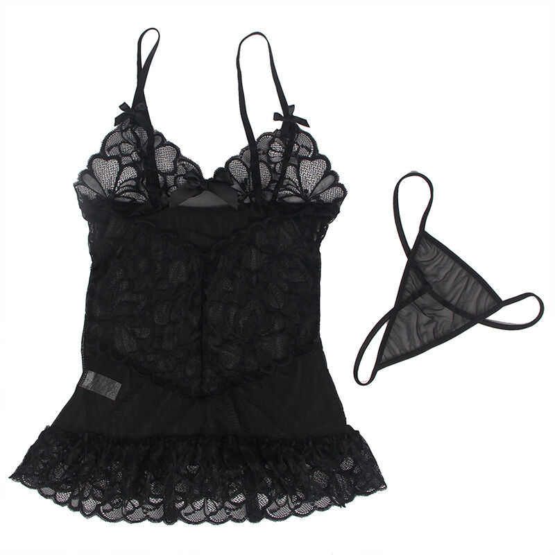 SUBBLIME - BABYDOLL WITH ADJUSTABLE STRAPS AND TRANSPARENT LACE FLORAL PRINT BLACK L/XL - Amore24