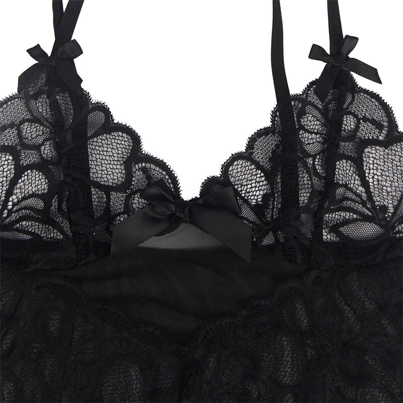 SUBBLIME - BABYDOLL WITH ADJUSTABLE STRAPS AND TRANSPARENT LACE FLORAL PRINT BLACK L/XL - Amore24