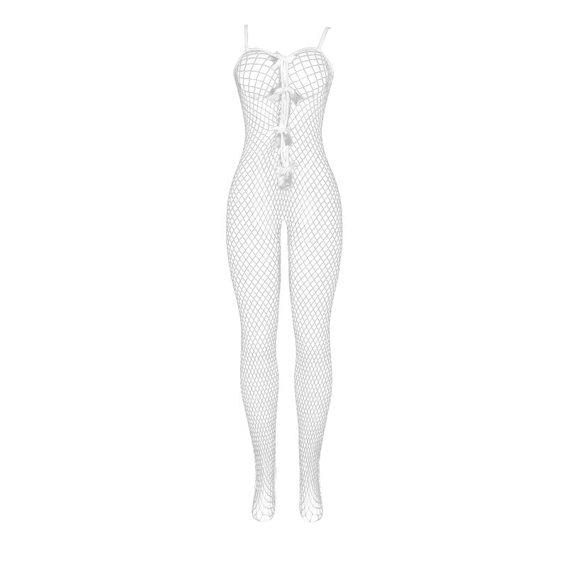 SUBBLIME - 951740 BODYSTOCKING WHITE FISHNET CROTCHLESS WITH BOWS ONE SIZE - Amore24