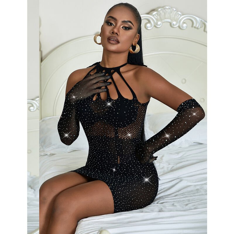 SUBBLIME - 952235 FISHNET DRESS WITH RHINESTONES BLACK ONE SIZE - Amore24