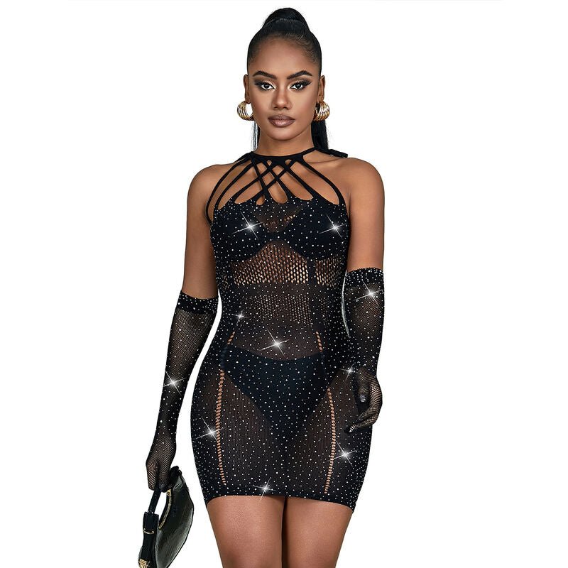 SUBBLIME - 952235 FISHNET DRESS WITH RHINESTONES BLACK ONE SIZE - Amore24