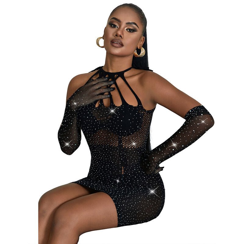 SUBBLIME - 952235 FISHNET DRESS WITH RHINESTONES BLACK ONE SIZE - Amore24