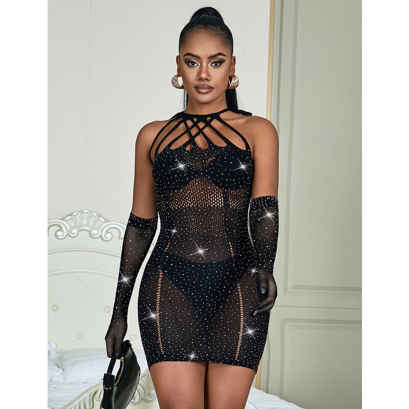 SUBBLIME - 952235 FISHNET DRESS WITH RHINESTONES BLACK ONE SIZE - Amore24