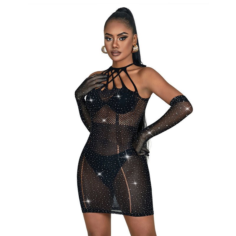 SUBBLIME - 952235 FISHNET DRESS WITH RHINESTONES BLACK ONE SIZE - Amore24