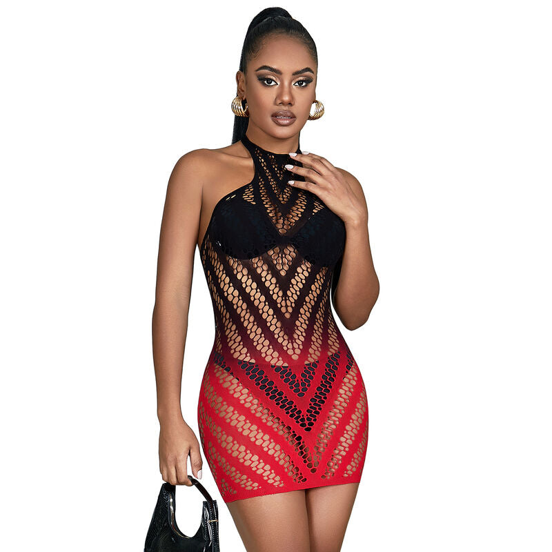 SUBBLIME - 952242 RED AND BLACK DEGRADED ELASTIC FISHNET DRESS ONE SIZE - Amore24