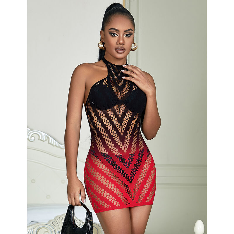 SUBBLIME - 952242 RED AND BLACK DEGRADED ELASTIC FISHNET DRESS ONE SIZE - Amore24