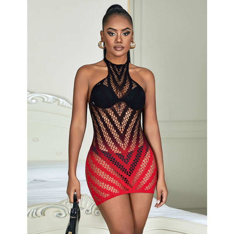 SUBBLIME - 952242 RED AND BLACK DEGRADED ELASTIC FISHNET DRESS ONE SIZE - Amore24