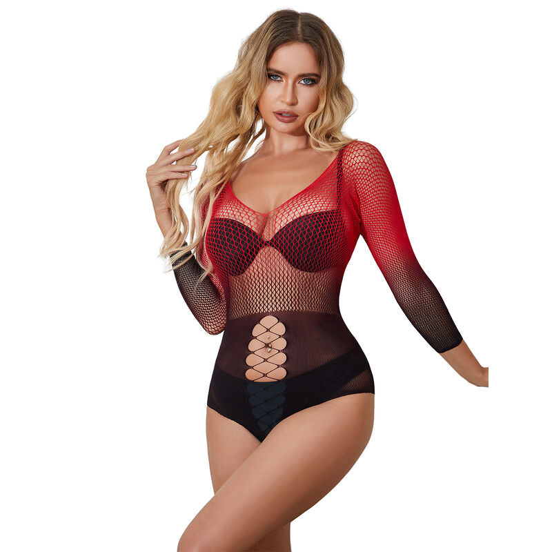 SUBBLIME - 952259 RED AND BLACK GRADIENT LONG SLEEVE ELASTIC FISHNET DRESS ONE SIZE - Amore24