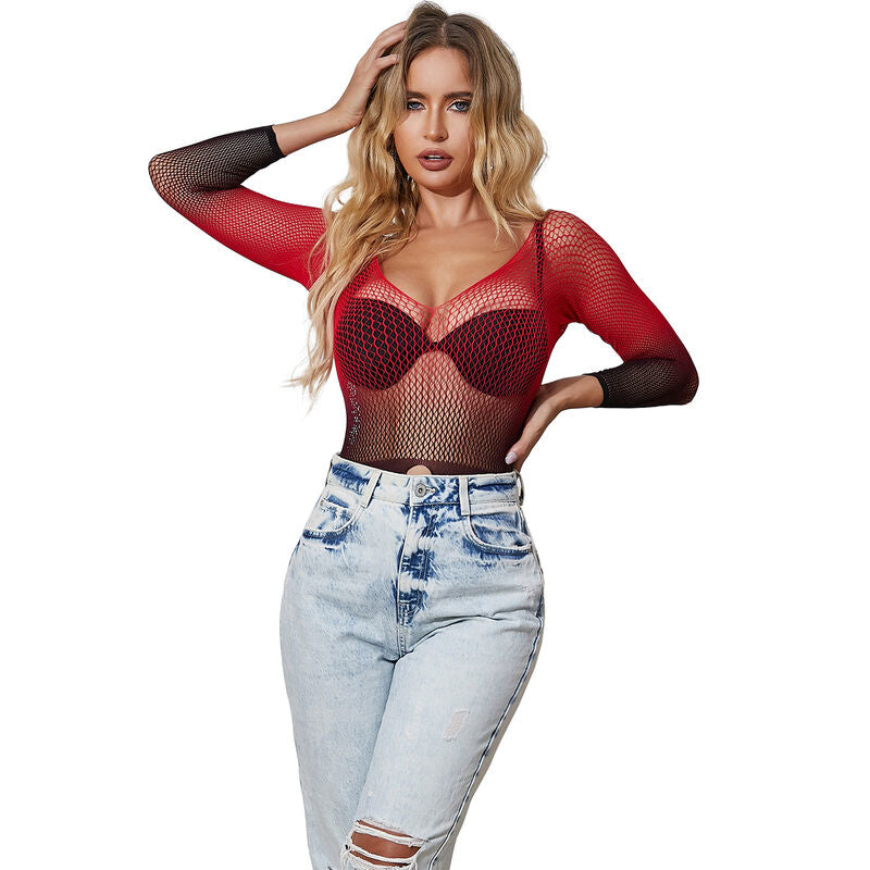 SUBBLIME - 952259 RED AND BLACK GRADIENT LONG SLEEVE ELASTIC FISHNET DRESS ONE SIZE - Amore24