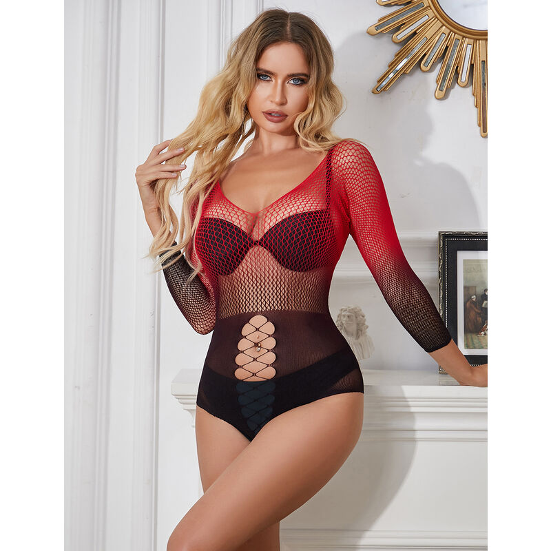 SUBBLIME - 952259 RED AND BLACK GRADIENT LONG SLEEVE ELASTIC FISHNET DRESS ONE SIZE - Amore24