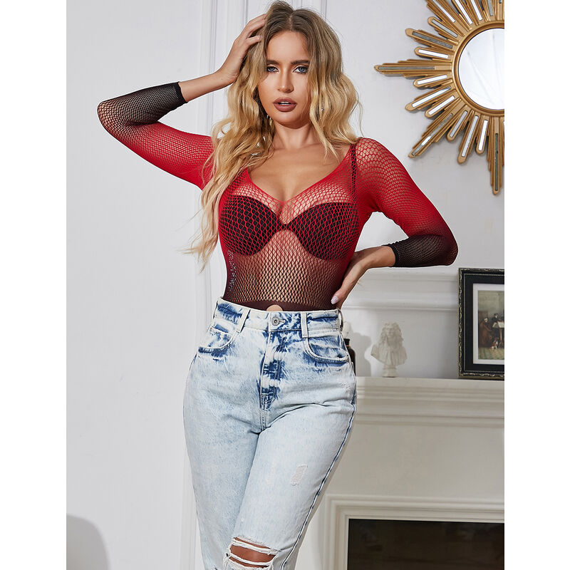 SUBBLIME - 952259 RED AND BLACK GRADIENT LONG SLEEVE ELASTIC FISHNET DRESS ONE SIZE - Amore24