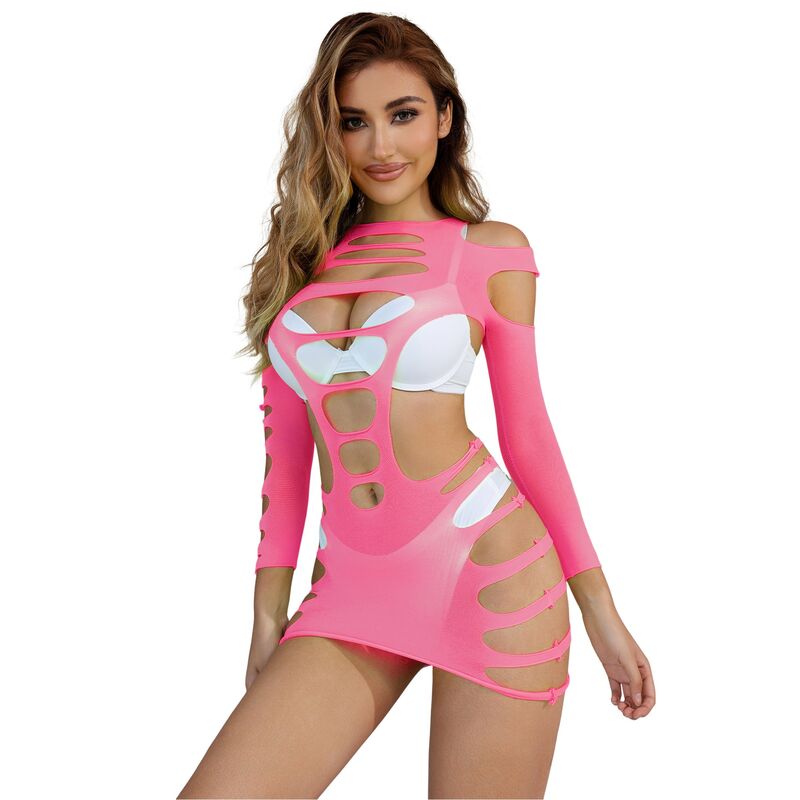 SUBBLIME - 952273 LONG SLEEVE ELASTIC FISHNET DRESS PINK ONE SIZE - Amore24