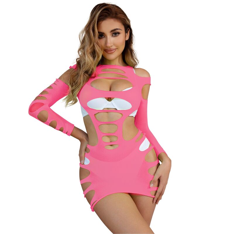 SUBBLIME - 952273 LONG SLEEVE ELASTIC FISHNET DRESS PINK ONE SIZE - Amore24