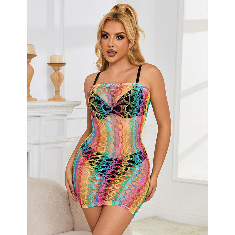 SUBBLIME - 952365 RAINBOW BARE SHOULDER FISHNET DRESS ONE SIZE - Amore24