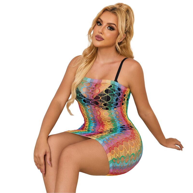 SUBBLIME - 952365 RAINBOW BARE SHOULDER FISHNET DRESS ONE SIZE - Amore24