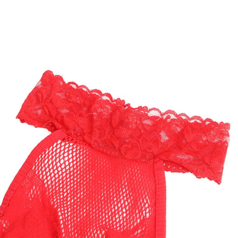 SUBBLIME - 952372 FISHNET AND LACE CROTCHLESS BODYSTOCKING WITH HIGH NECK RED ONE SIZE - Amore24