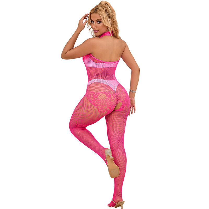 SUBBLIME - 952389 FISHNET AND LACE CROTCHLESS BODYSTOCKING WITH HIGH NECK PINK ONE SIZE - Amore24