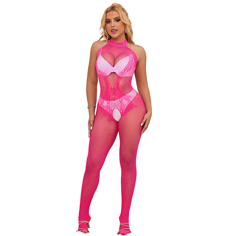 SUBBLIME - 952389 FISHNET AND LACE CROTCHLESS BODYSTOCKING WITH HIGH NECK PINK ONE SIZE - Amore24