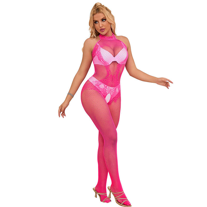 SUBBLIME - 952389 FISHNET AND LACE CROTCHLESS BODYSTOCKING WITH HIGH NECK PINK ONE SIZE - Amore24