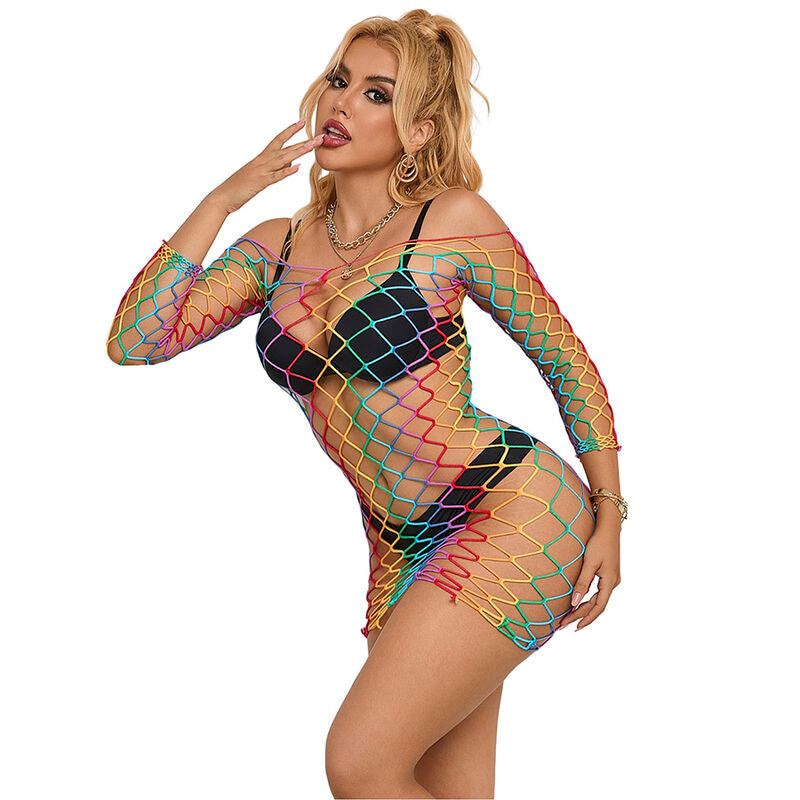 SUBBLIME - 952426 RAINBOW LONG SLEEVE FISHNET DRESS ONE SIZE - Amore24