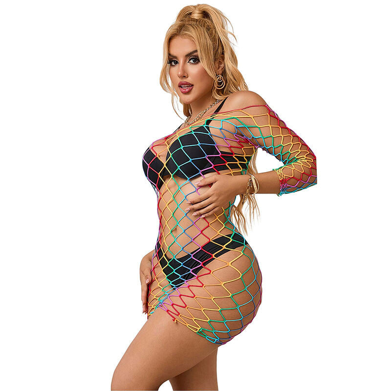 SUBBLIME - 952426 RAINBOW LONG SLEEVE FISHNET DRESS ONE SIZE - Amore24