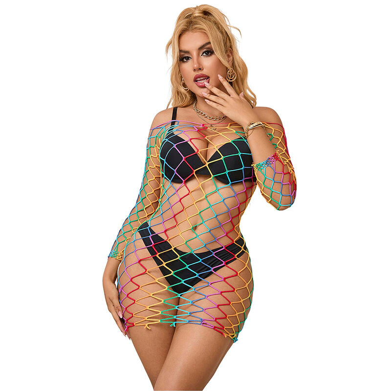 SUBBLIME - 952426 RAINBOW LONG SLEEVE FISHNET DRESS ONE SIZE - Amore24