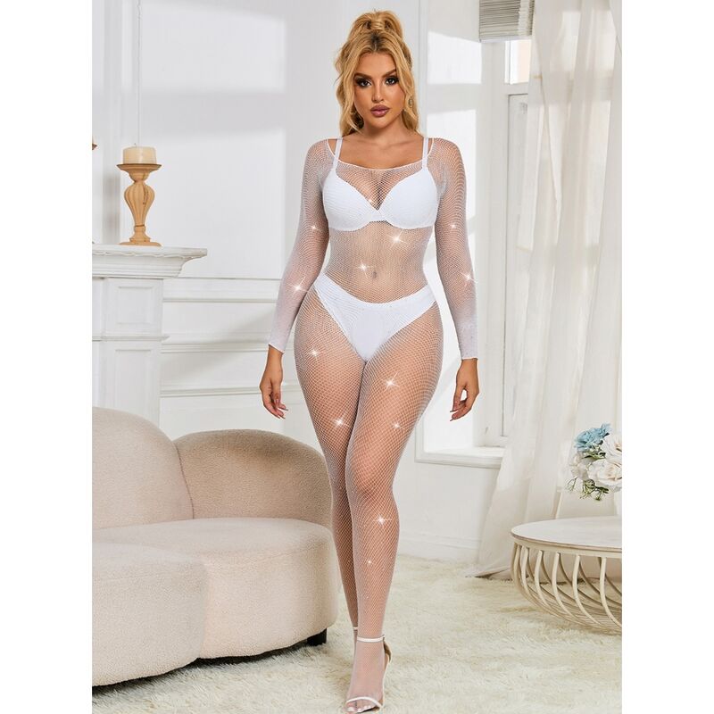 SUBBLIME - 952396 FISHNET BODYSTOCKING WITH DIAMONDS LONG SLEEVE WHITE ONE SIZE - Amore24