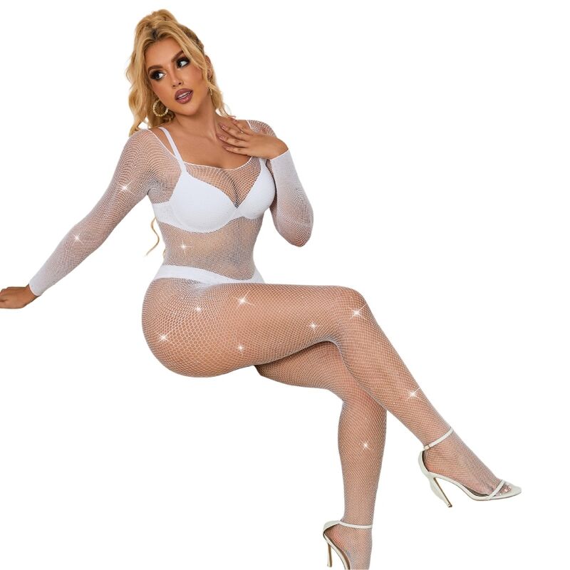SUBBLIME - 952396 FISHNET BODYSTOCKING WITH DIAMONDS LONG SLEEVE WHITE ONE SIZE - Amore24