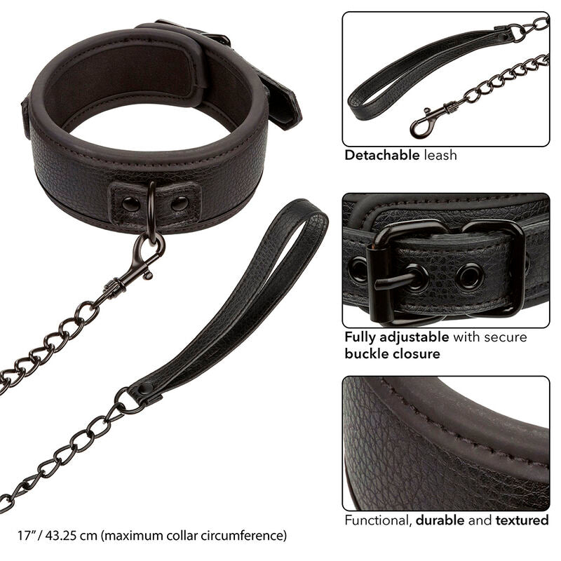 CALEXOTICS - NOCTURNAL COLLAR & LEASH LEATHER ADJUSTABLE BLACK - Amore24