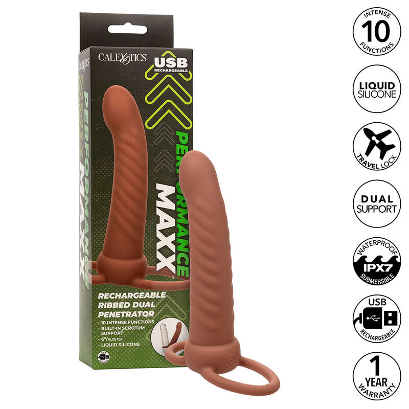 CALEXOTICS - MAXX RIBBED DUAL PENETRATOR 10 VIBRATIONS BROWN - Amore24