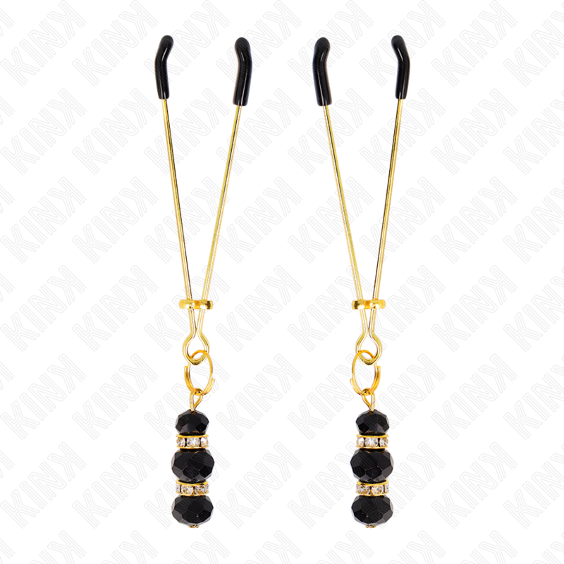 KINK - GOLD THIN NIPPLE CLAMPS WITH 3 BLACK GLASS BEADS 7 CM - Amore24