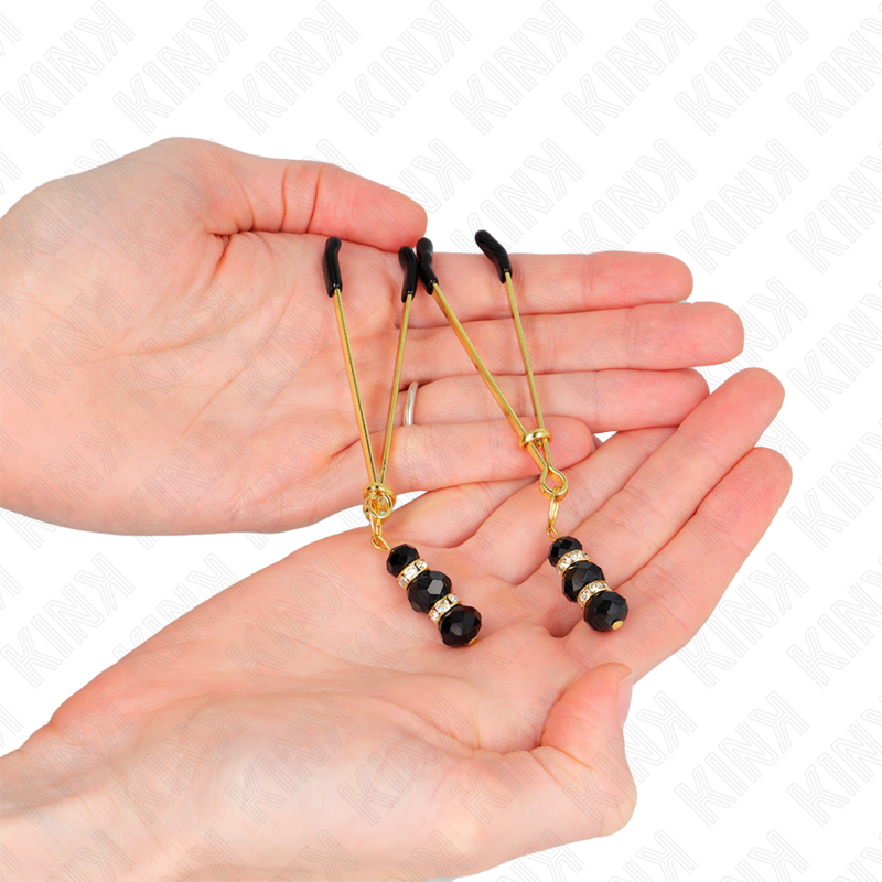 KINK - GOLD THIN NIPPLE CLAMPS WITH 3 BLACK GLASS BEADS 7 CM - Amore24
