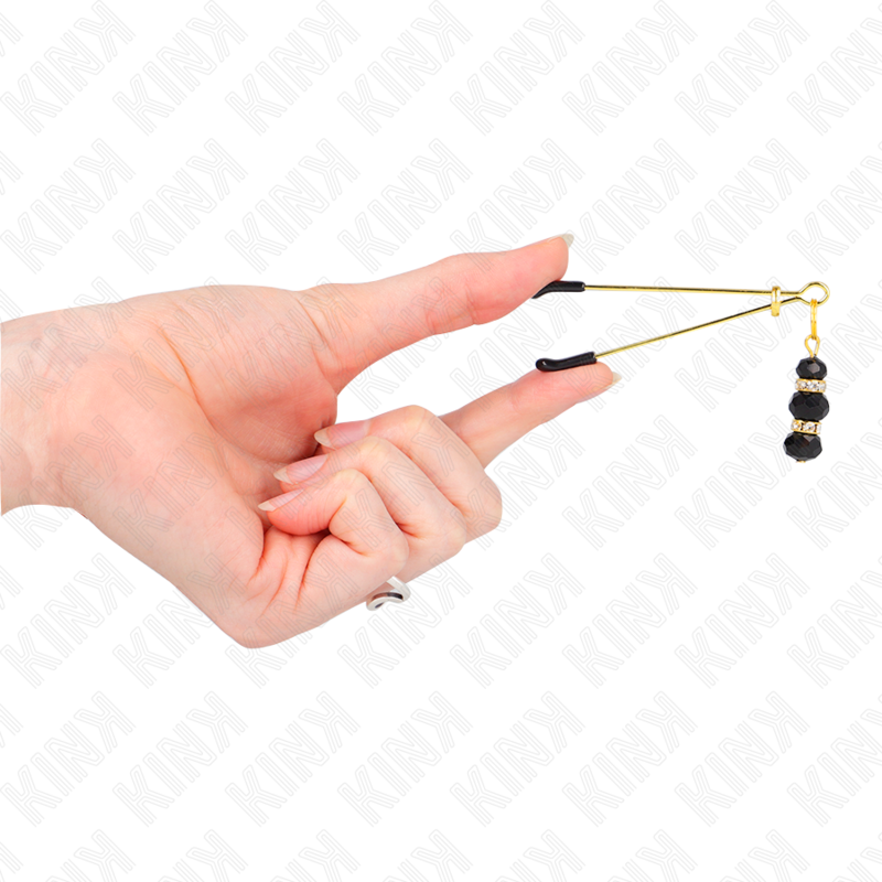 KINK - GOLD THIN NIPPLE CLAMPS WITH 3 BLACK GLASS BEADS 7 CM - Amore24