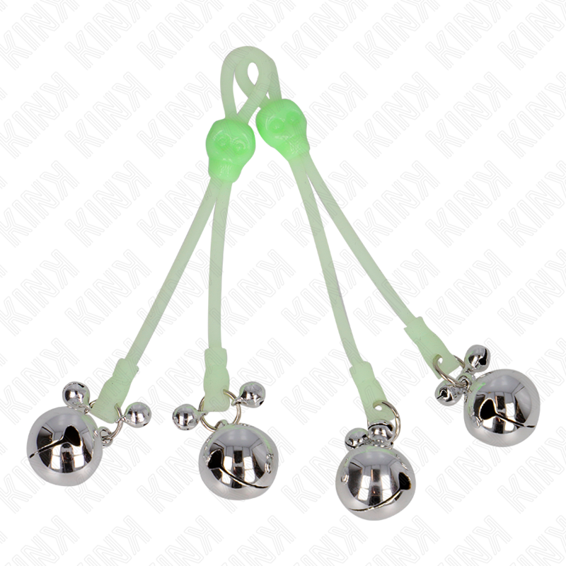 KINK - LUMINOUS SKULL NIPPLE CLAMPS WITH RING BELLS ADJUSTABLE GREEN / SILVER - Amore24
