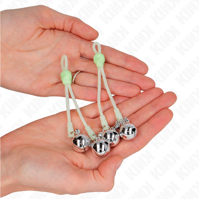 KINK - LUMINOUS SKULL NIPPLE CLAMPS WITH RING BELLS ADJUSTABLE GREEN / SILVER - Amore24