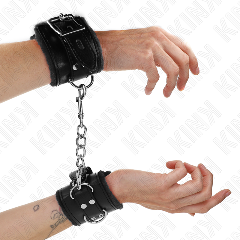 KINK - FUR LINED WRIST RESTRAINTS BLACK WITH BLACK BELT ADJUSTABLE 17-29 CM X 6 CM - Amore24