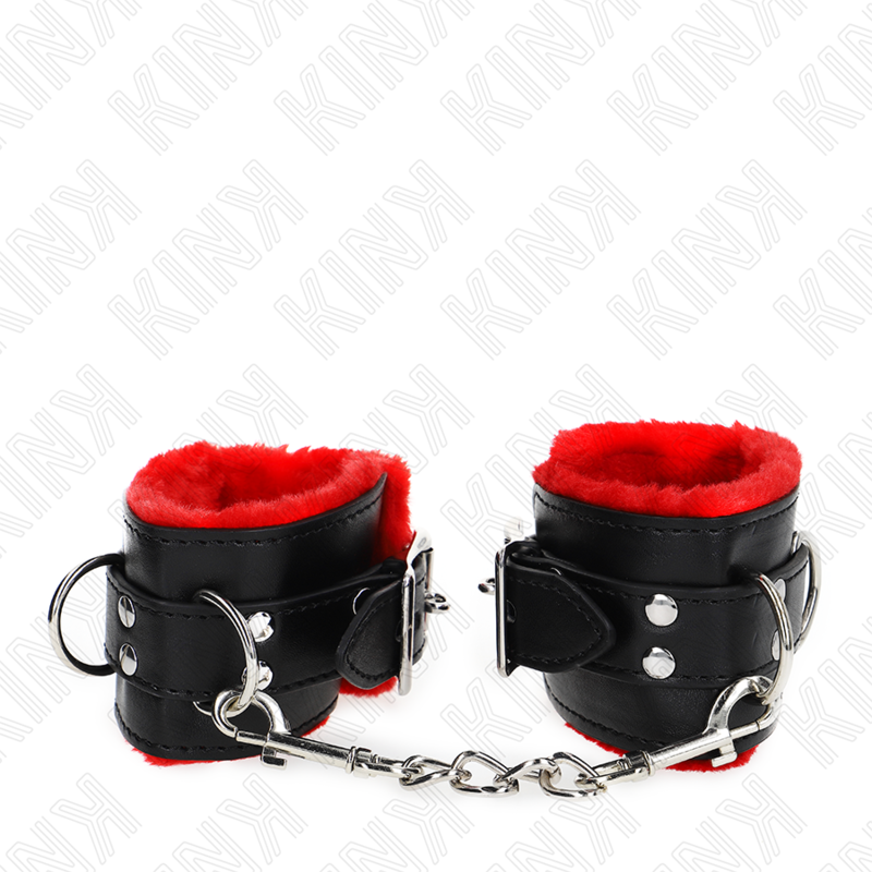 KINK - FUR LINED WRIST RESTRAINTS WITH SQUARE HOLES RED AND BLACK BELT ADJUSTABLE 17-29 CM X 6 CM - Amore24