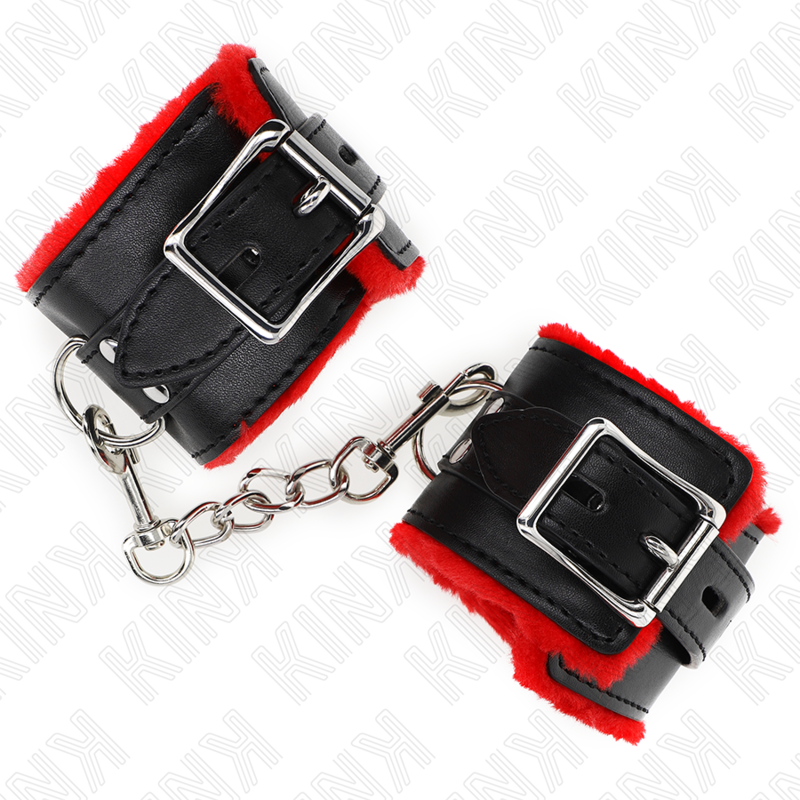 KINK - FUR LINED WRIST RESTRAINTS WITH SQUARE HOLES RED AND BLACK BELT ADJUSTABLE 17-29 CM X 6 CM - Amore24