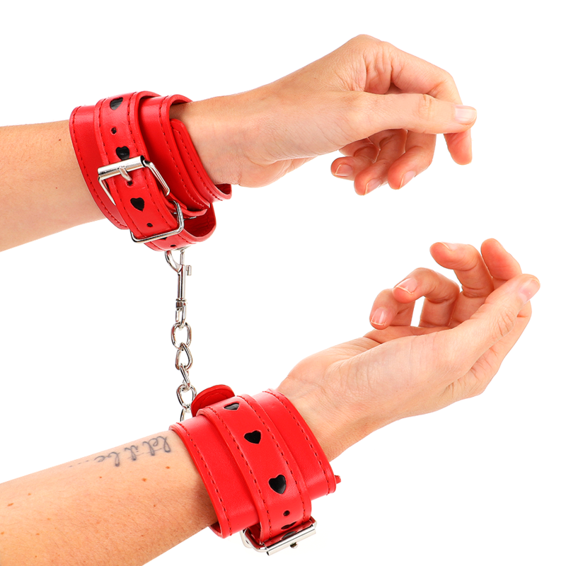 KINK - RED WRIST RESTRAINTS WITH BLACK HEART INLAY ADJUSTABLE 21-28 CM X 5.5 CM - Amore24