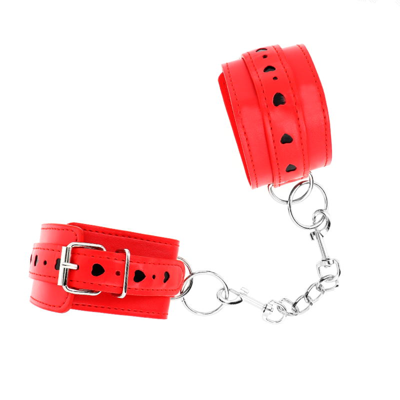 KINK - RED WRIST RESTRAINTS WITH BLACK HEART INLAY ADJUSTABLE 21-28 CM X 5.5 CM - Amore24