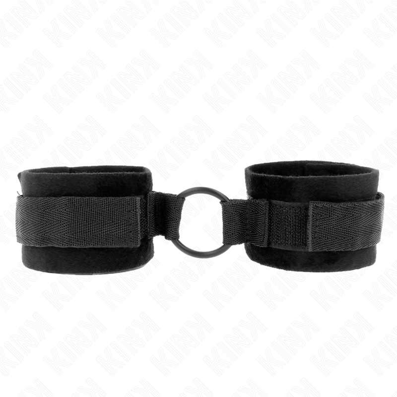 KINK - BEGINNER FUR HAND CUFFS 25 CM WITH O-RING 4 CM BLACK ADJUSTABLE 15-25 CM - Amore24