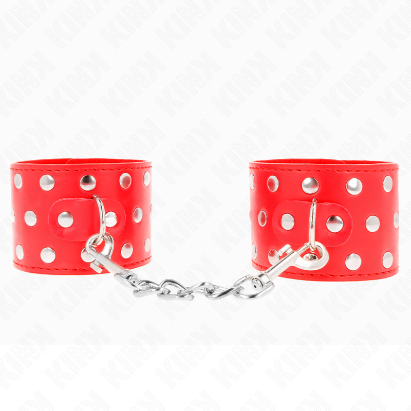 KINK - WRIST RESTRAINTS WITH SNAP FASTEN FULL OF RIVETS RED ADJUSTABLE 19-24 CM X 5.5 CM - Amore24