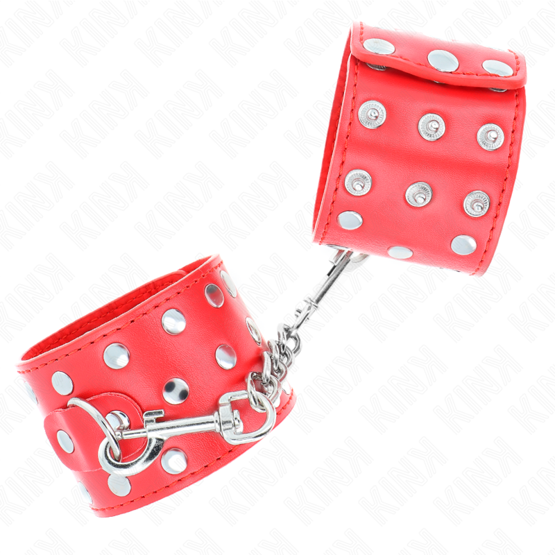 KINK - WRIST RESTRAINTS WITH SNAP FASTEN FULL OF RIVETS RED ADJUSTABLE 19-24 CM X 5.5 CM - Amore24