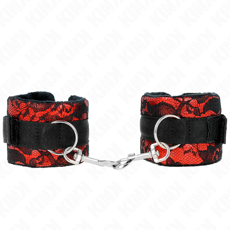 KINK - SHORT VELVET LACE WRIST RESTRAINTS AND NYLON BIND RED / BLACK 23 X 6.5 CM - Amore24