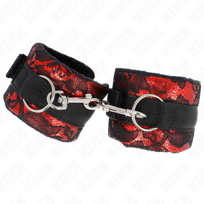 KINK - SHORT VELVET LACE WRIST RESTRAINTS AND NYLON BIND RED / BLACK 23 X 6.5 CM - Amore24