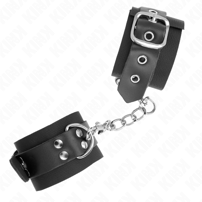 KINK - NYLON WRIST RESTRAINTS BLACK WITH LEATHER BELT BLACK ADJUSTABLE 19-29 CM X 5.1 CM - Amore24