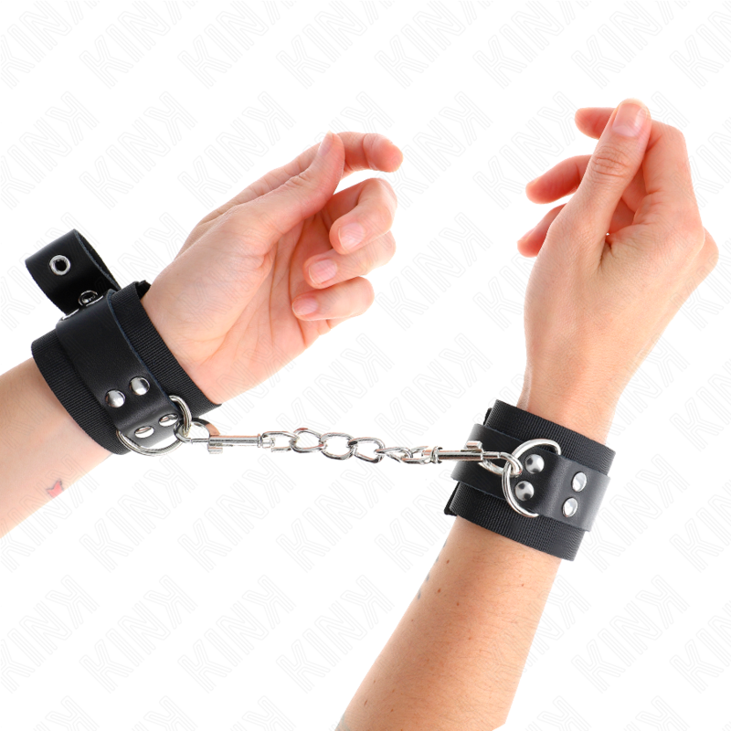 KINK - NYLON WRIST RESTRAINTS BLACK WITH LEATHER BELT BLACK ADJUSTABLE 19-29 CM X 5.1 CM - Amore24