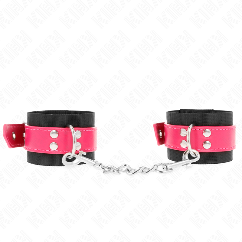 KINK - NYLON WRIST RESTRAINTS BLACK WITH LEATHERETTE BELT RASPBERRY ROSE ADJUSTABLE 19-29 CM X 5.1 CM - Amore24